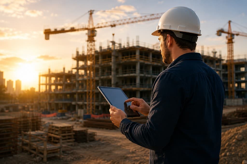 Engenheiro utilizando tablet em obra